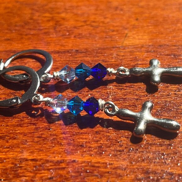 Silver Cross Charm Earrings, Ombre Blue Swarovski Crystals & Lever Back Earwires - Picture 5 of 5